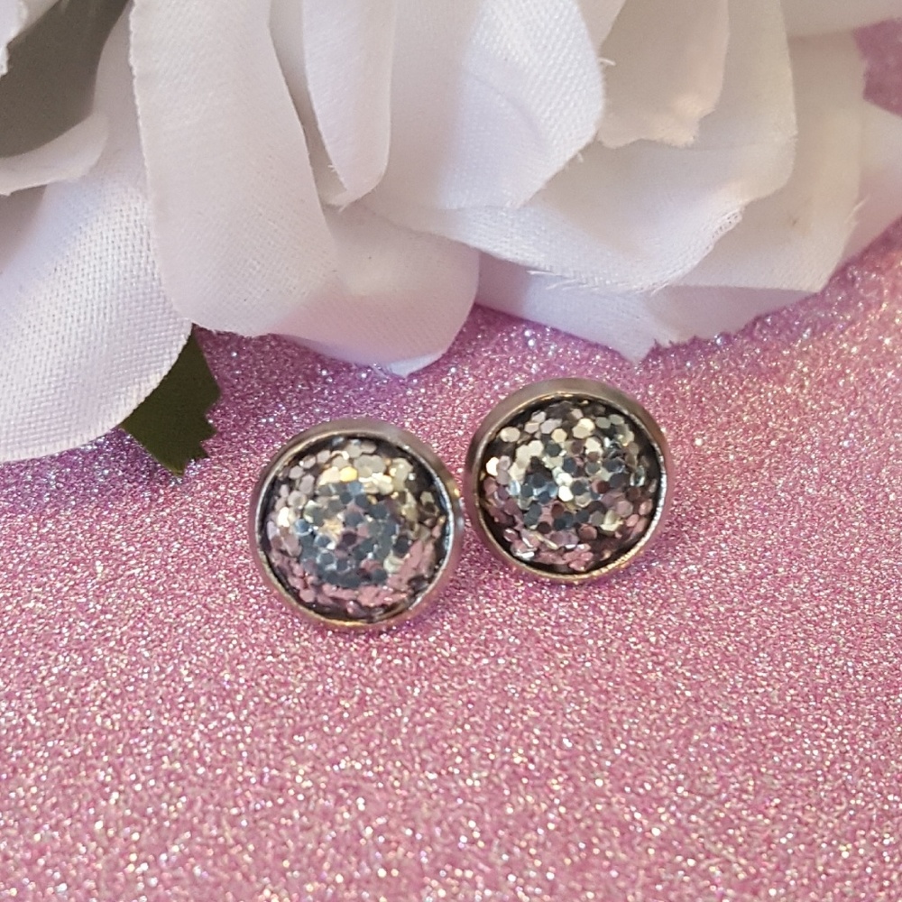 5 For $25.00- 10 mm Silver Glitter earrings